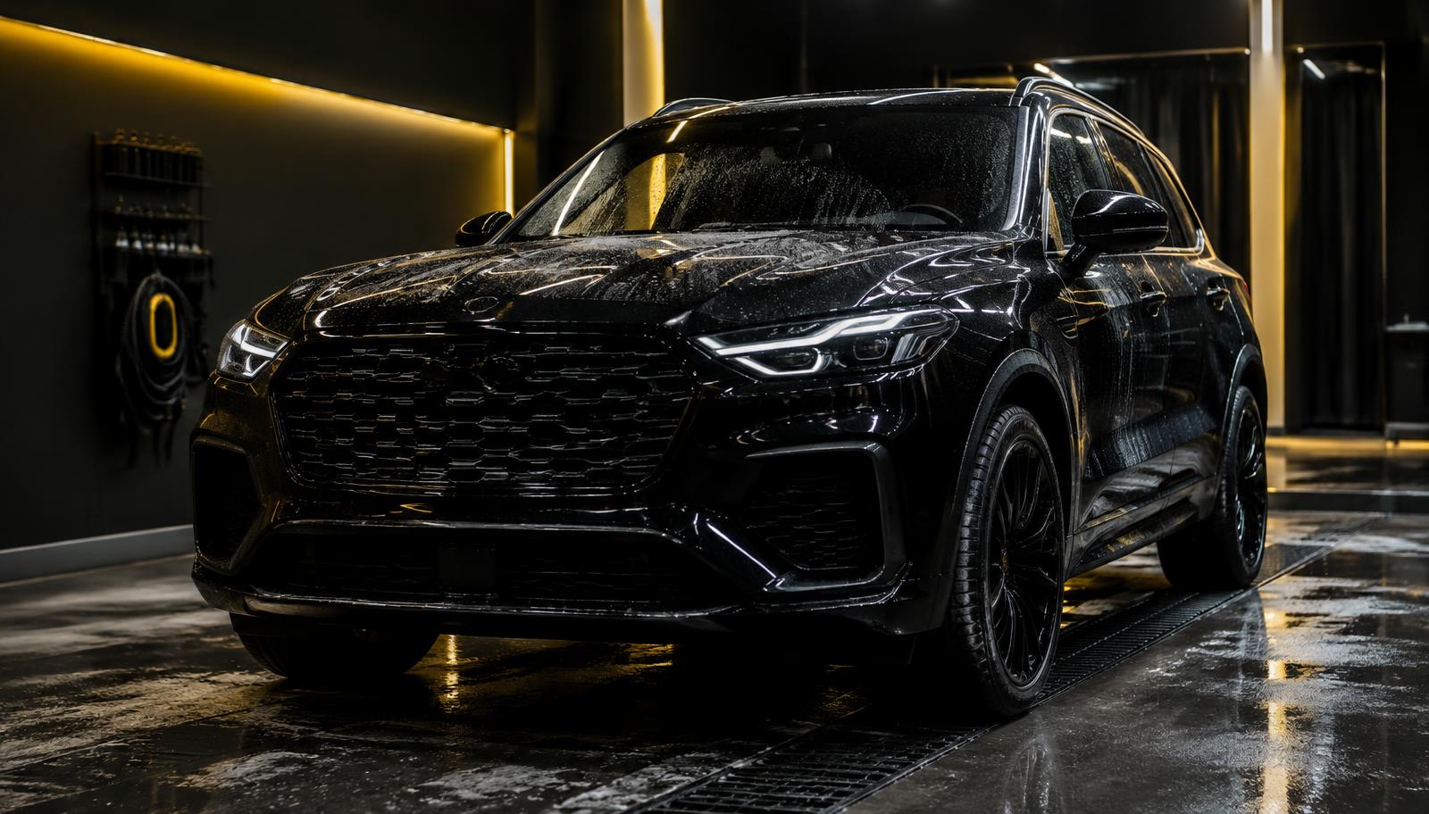 سيارة سوداء لامعة بعد الغسيل في مغسلة EVO CLEAN